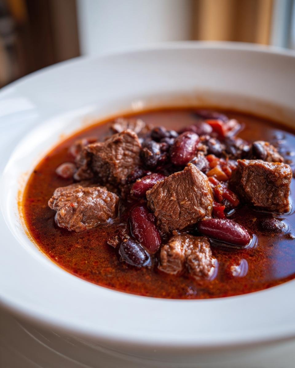 Close-up of rich, red Texas Cowboy Stew featuring chunks of beef and kidney beans in a white bowl.