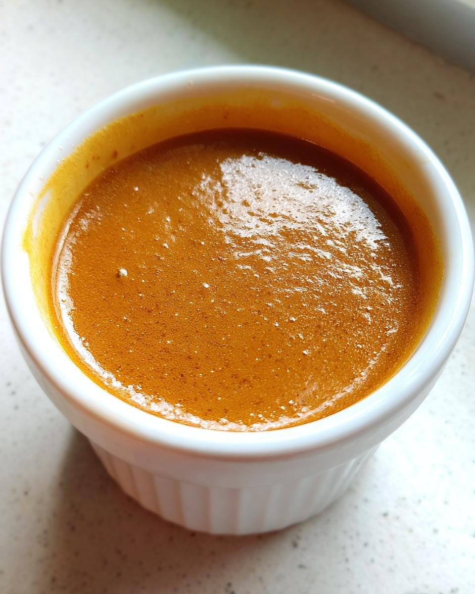 Close-up of a thick, rich orange sauce or custard, possibly thickened with cornflour, served in a small white ramekin.