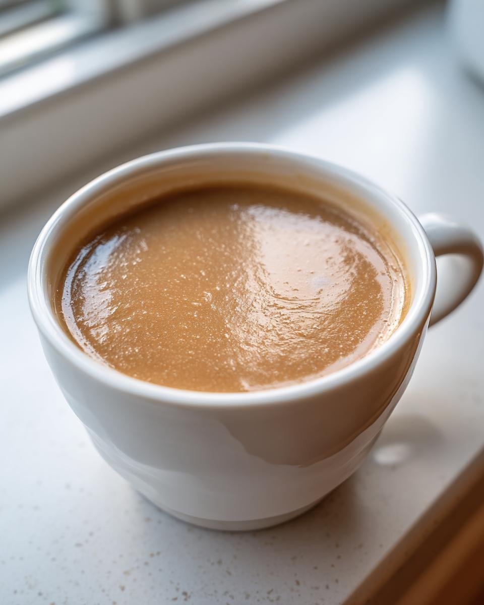Close-up of a thick, light brown beverage, possibly a sauce or pudding made using cornflour recipes, in a white mug.