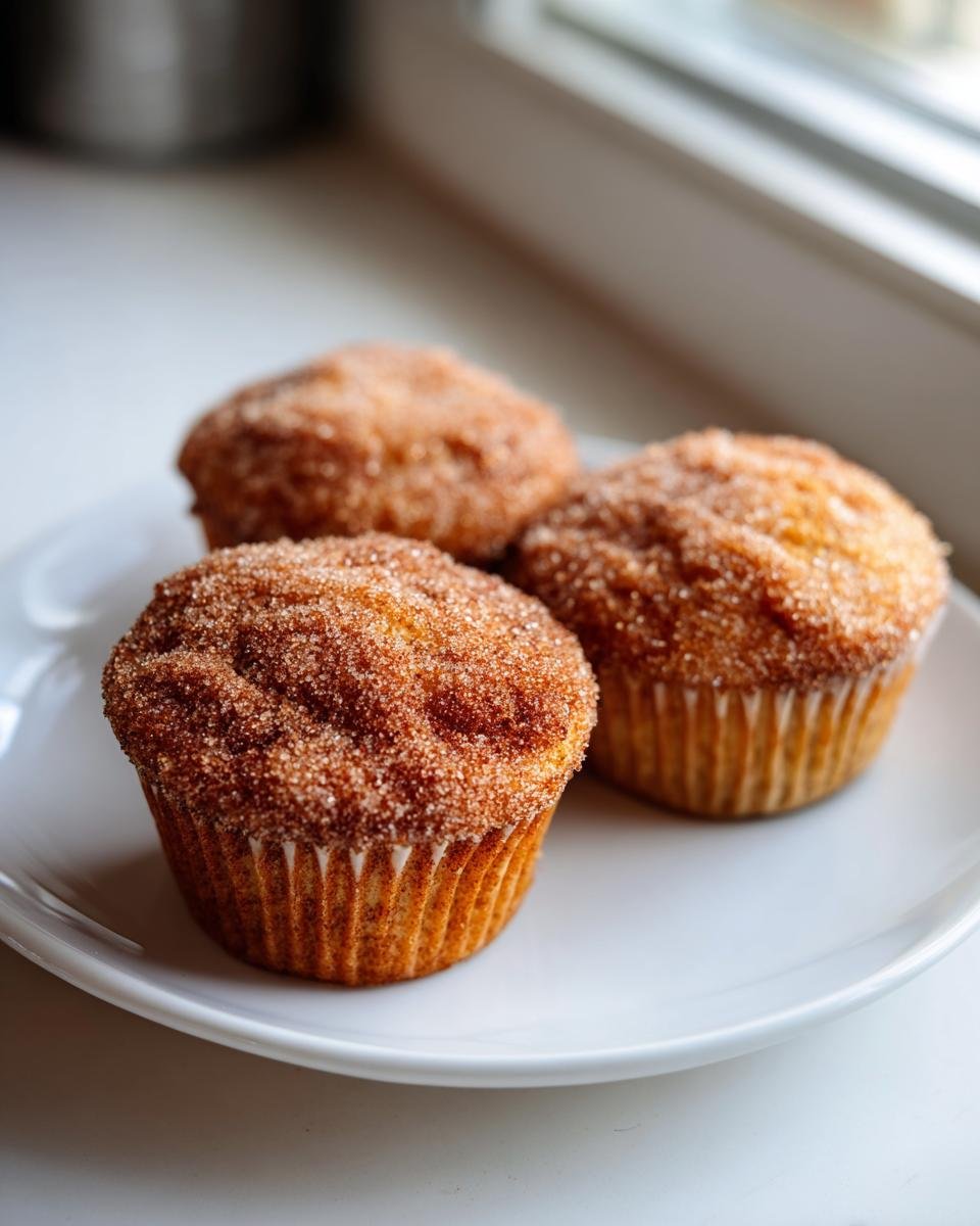 Three freshly baked Churro Cupcakes generously coated in cinnamon sugar, resting on a white plate.