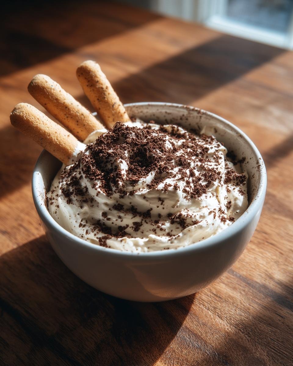 A white bowl filled with creamy Tiramisu Dip, topped with chocolate shavings and three ladyfingers.