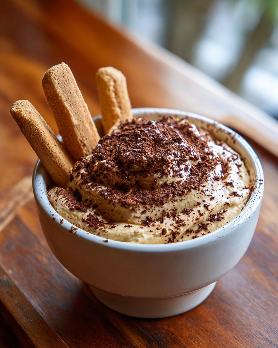 A creamy bowl of Tiramisu Dip topped with cocoa powder and served with three ladyfinger cookies for dipping.