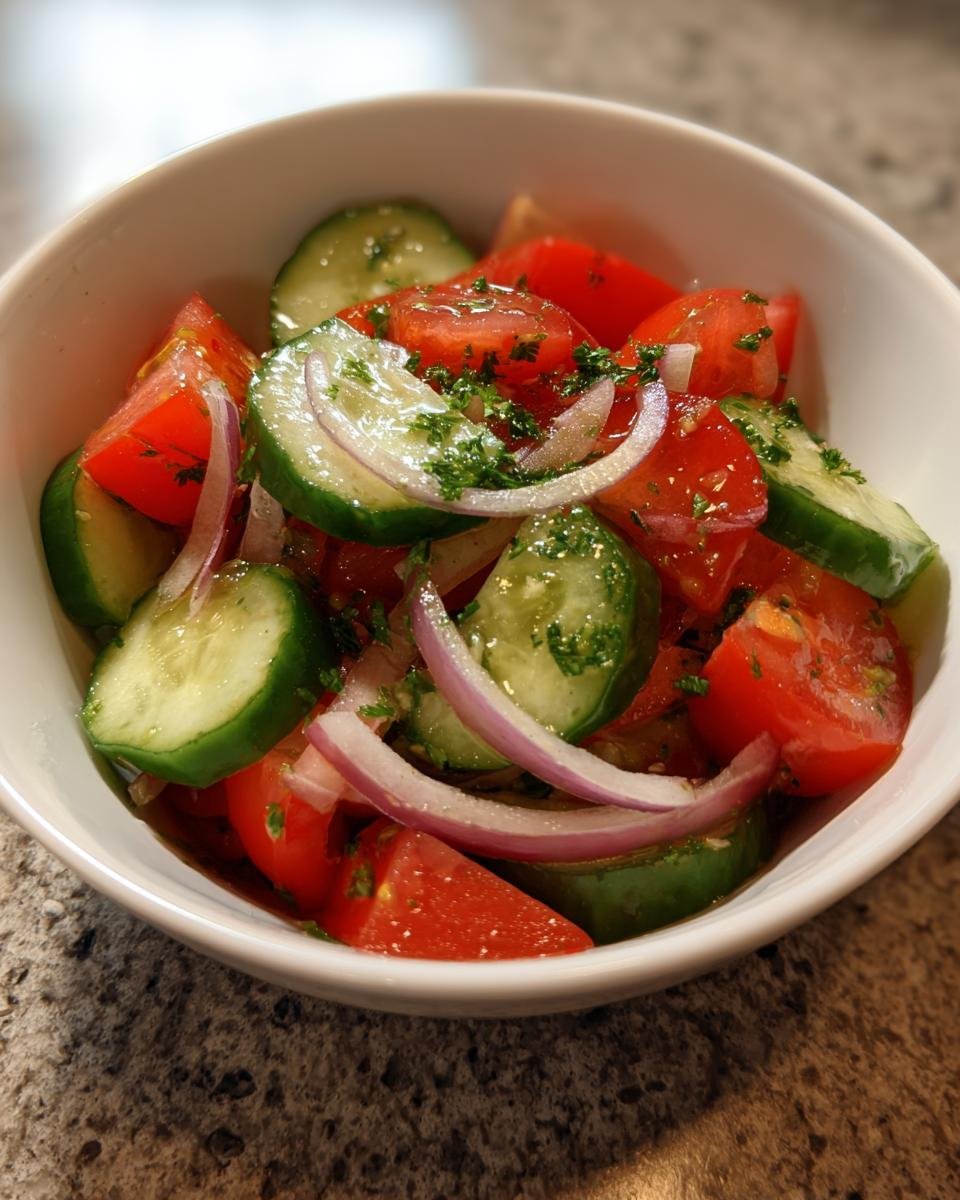 Close-up of a fresh Tomato Cucumber Salad with red onion slices and parsley dressing in a white bowl.