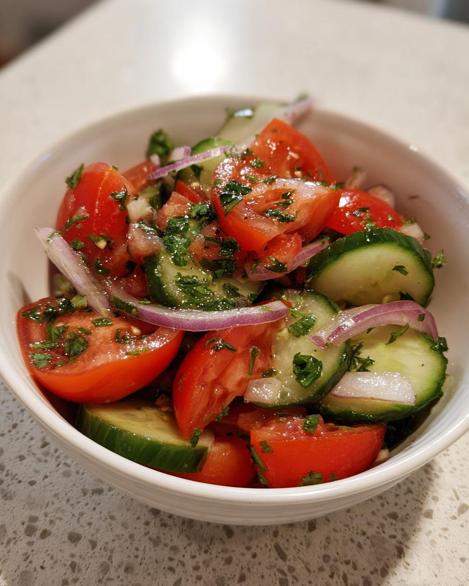 Close-up of a vibrant Tomato Cucumber Salad with red onion slices and parsley in a white bowl.