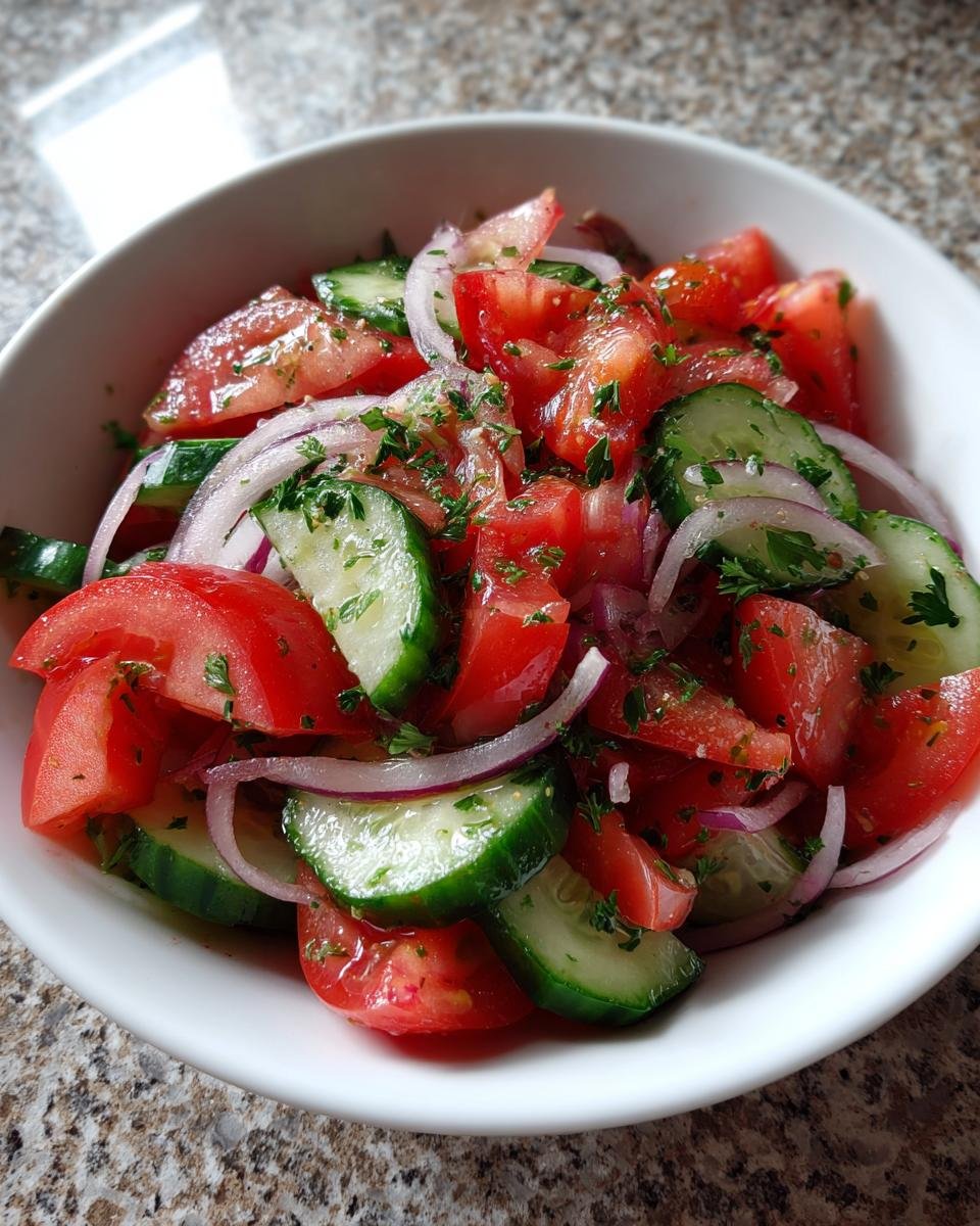 Close-up of a vibrant Tomato Cucumber Salad with red onion slices and fresh parsley garnish.