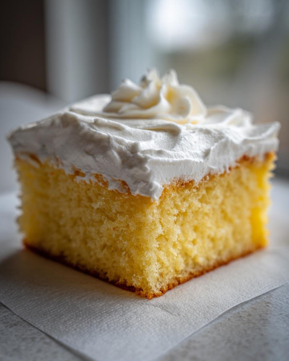 Close-up of a moist slice of Tres Leches Cake With Cake Mix topped with whipped cream.
