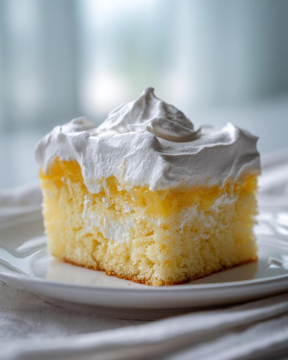 A single serving slice of moist Tres Leches Cake With Cake Mix topped with whipped cream.