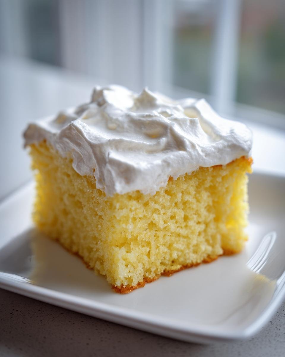 Close-up of a square slice of yellow Tres Leches Cake With Cake Mix topped with fluffy white whipped cream.