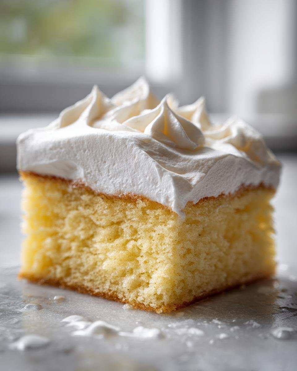Close-up of a moist slice of Tres Leches Cake With Cake Mix topped with piped whipped cream.