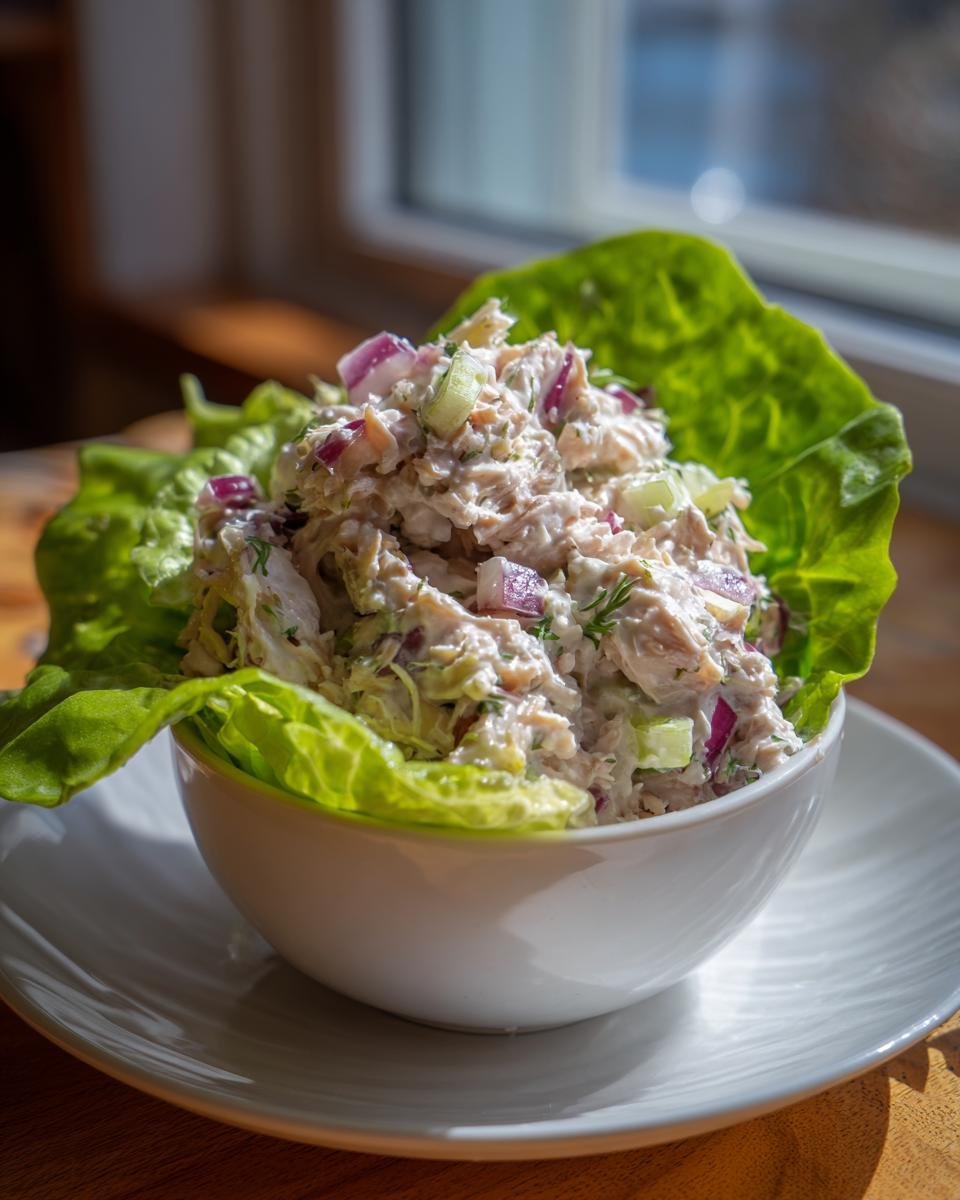 Tuna salad served in a lettuce cup in a white bowl, perfect for Gluten Free Lunch Ideas.