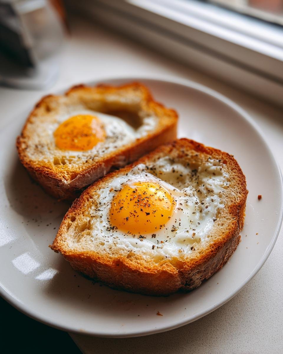 Close-up of two perfectly cooked Eggs In A Basket, seasoned with black pepper, served on a white plate.