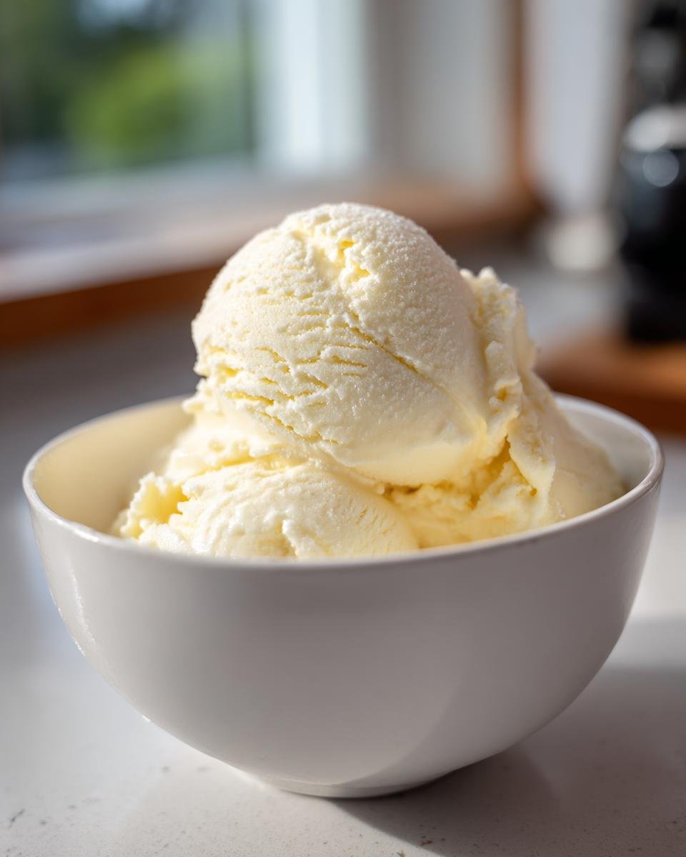 Close-up of several scoops of creamy vanilla ice cream in a white bowl, perfect for healthy Ice Cream Desserts.