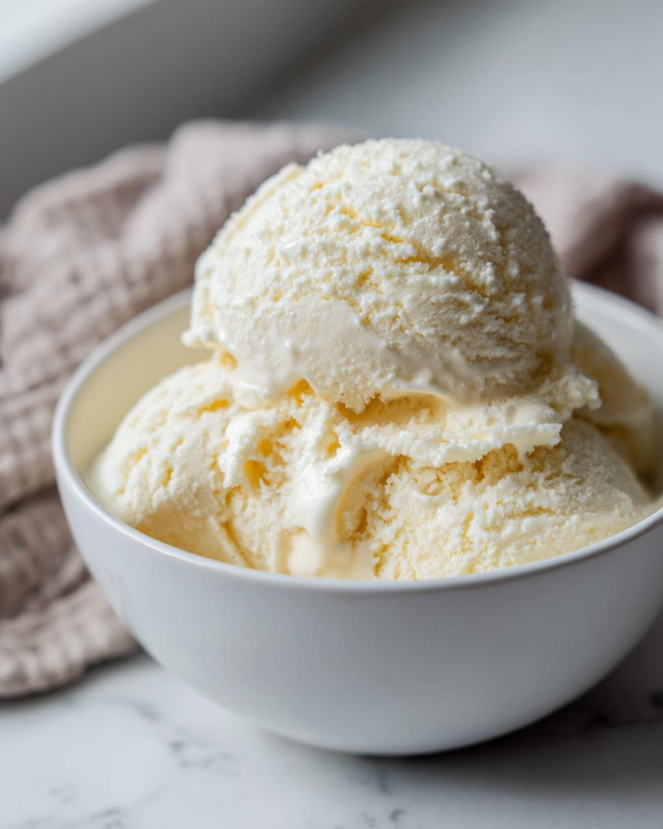 Close-up of three scoops of creamy vanilla ice cream in a white bowl, perfect for healthy Ice Cream Desserts.