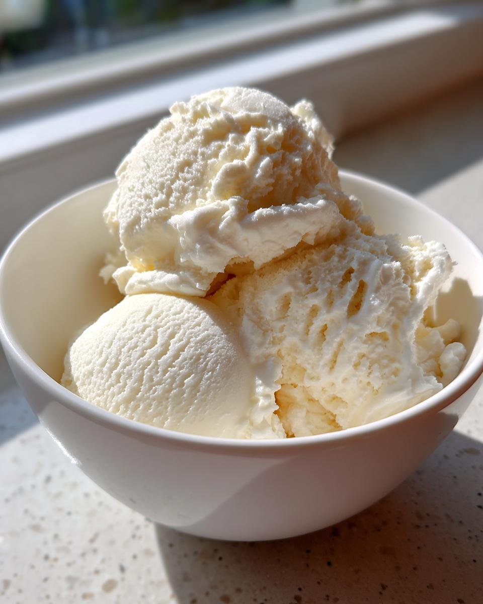 Close-up of three scoops of creamy vanilla ice cream in a white bowl, perfect for Ice Cream Desserts.