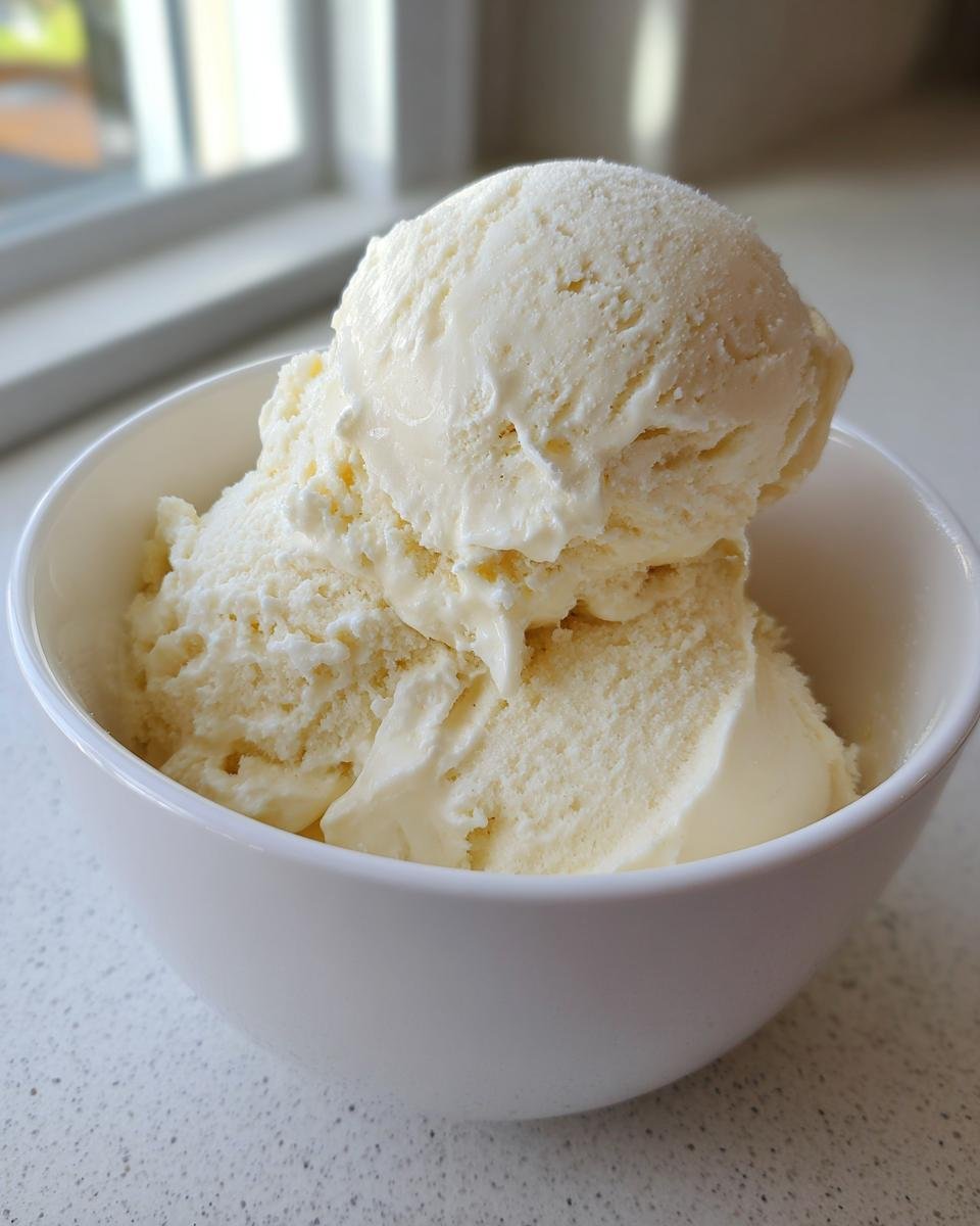 Close-up of two scoops of creamy vanilla ice cream in a white bowl, perfect for low-calorie Ice Cream Desserts.