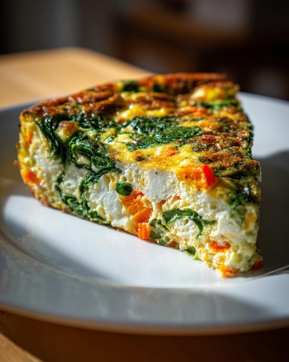 A close-up slice of a vibrant Egg White Frittata packed with spinach, orange peppers, and white cheese.
