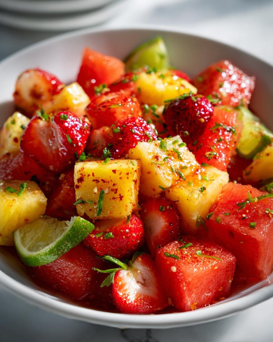 Close-up of a vibrant fruit salad featuring watermelon, pineapple, and strawberries tossed with Tajin seasoning and lime.