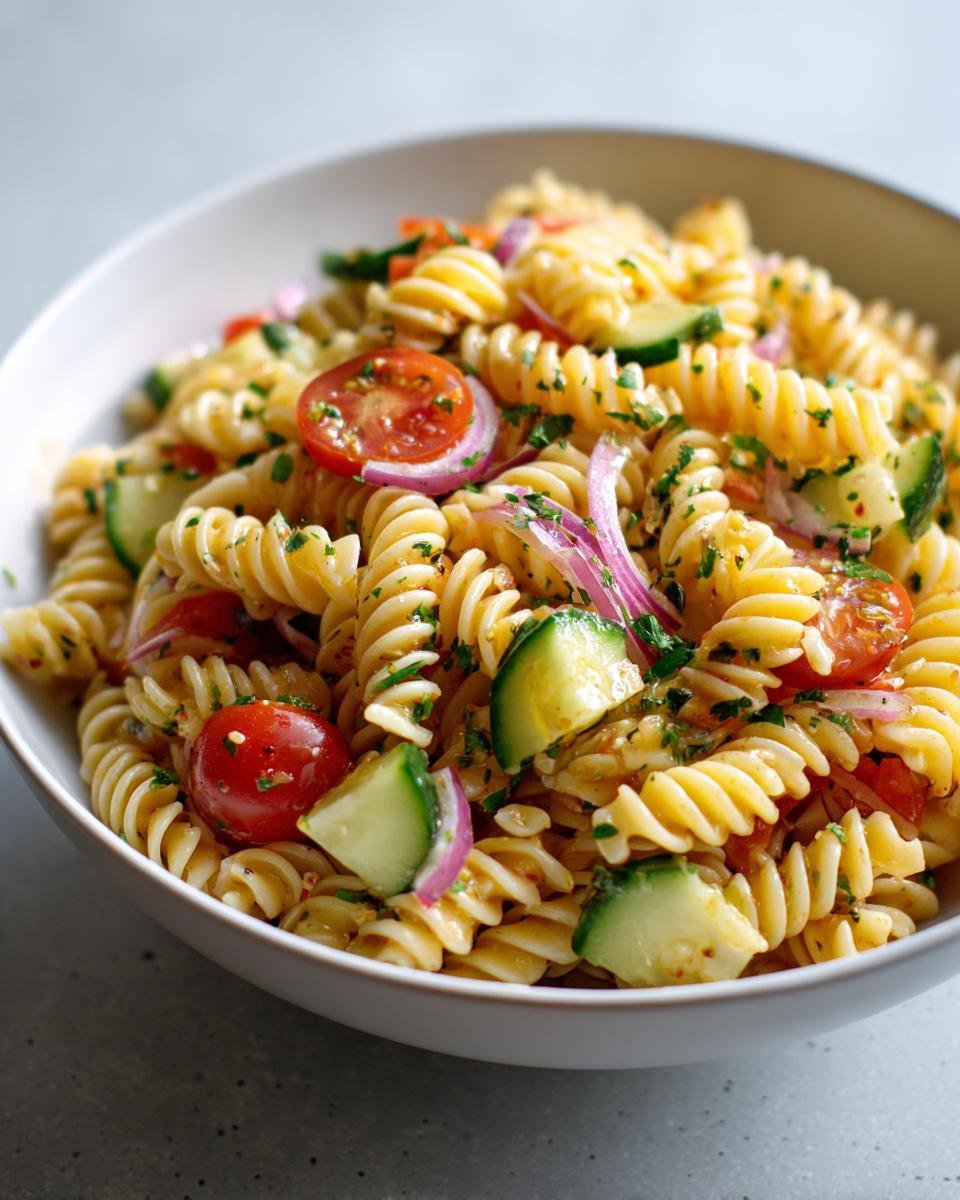 Close-up of a bowl of Weight Watchers Pasta Recipes featuring rotini pasta, cucumbers, tomatoes, and red onion.