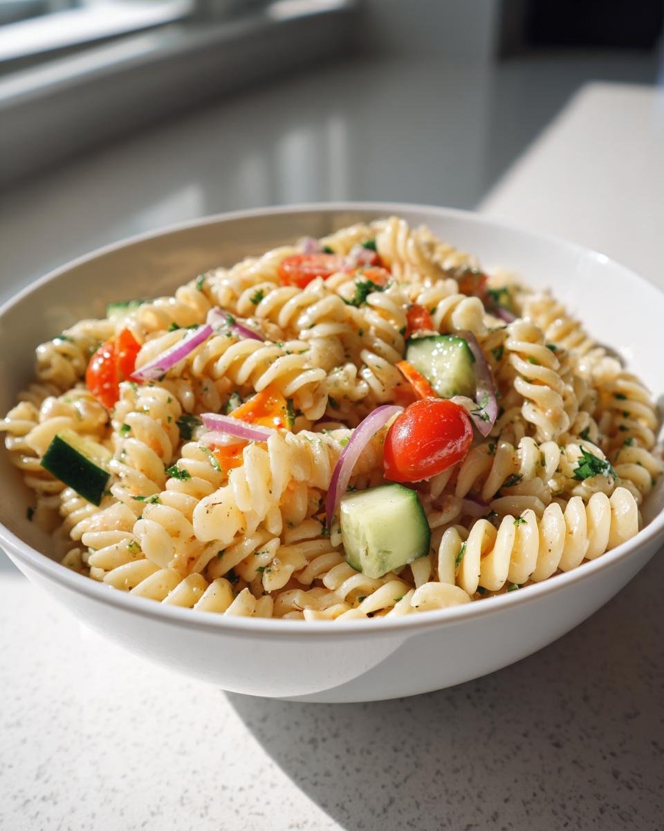 A close-up of a fresh Weight Watchers pasta salad featuring rotini pasta, cucumbers, cherry tomatoes, and red onion.