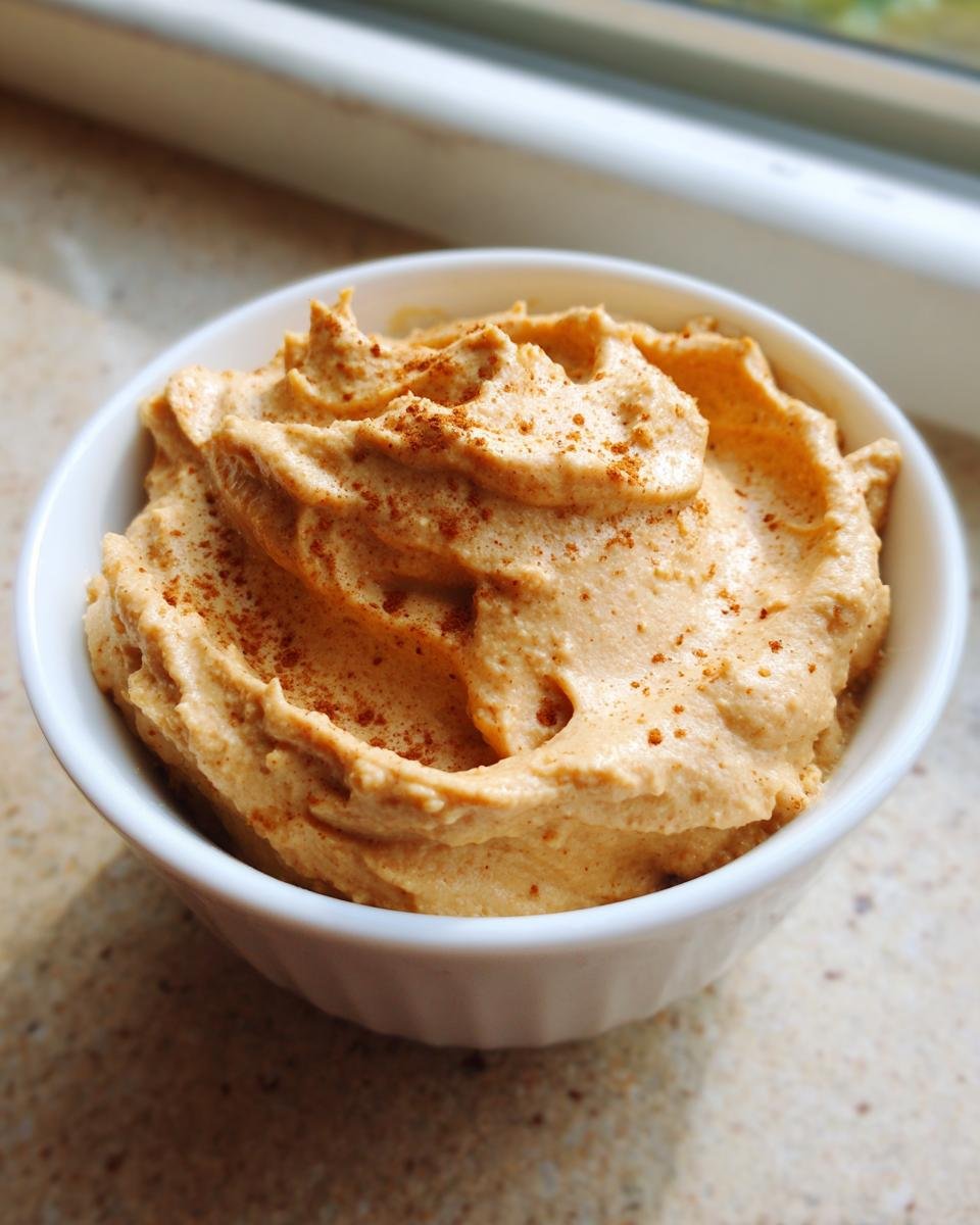 A close-up of creamy, whipped Monkey Butter sprinkled with cinnamon, served in a small white bowl.