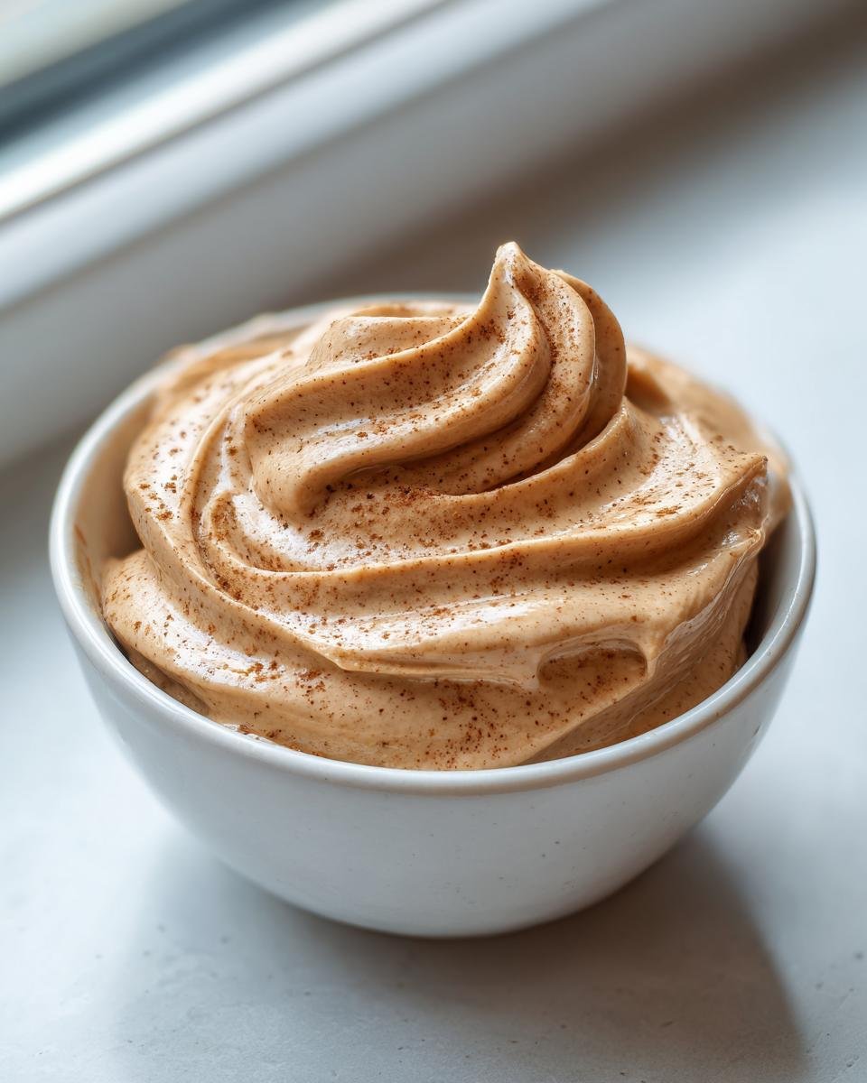 A close-up of freshly whipped Monkey Butter, swirled high in a small white bowl and dusted with cinnamon.