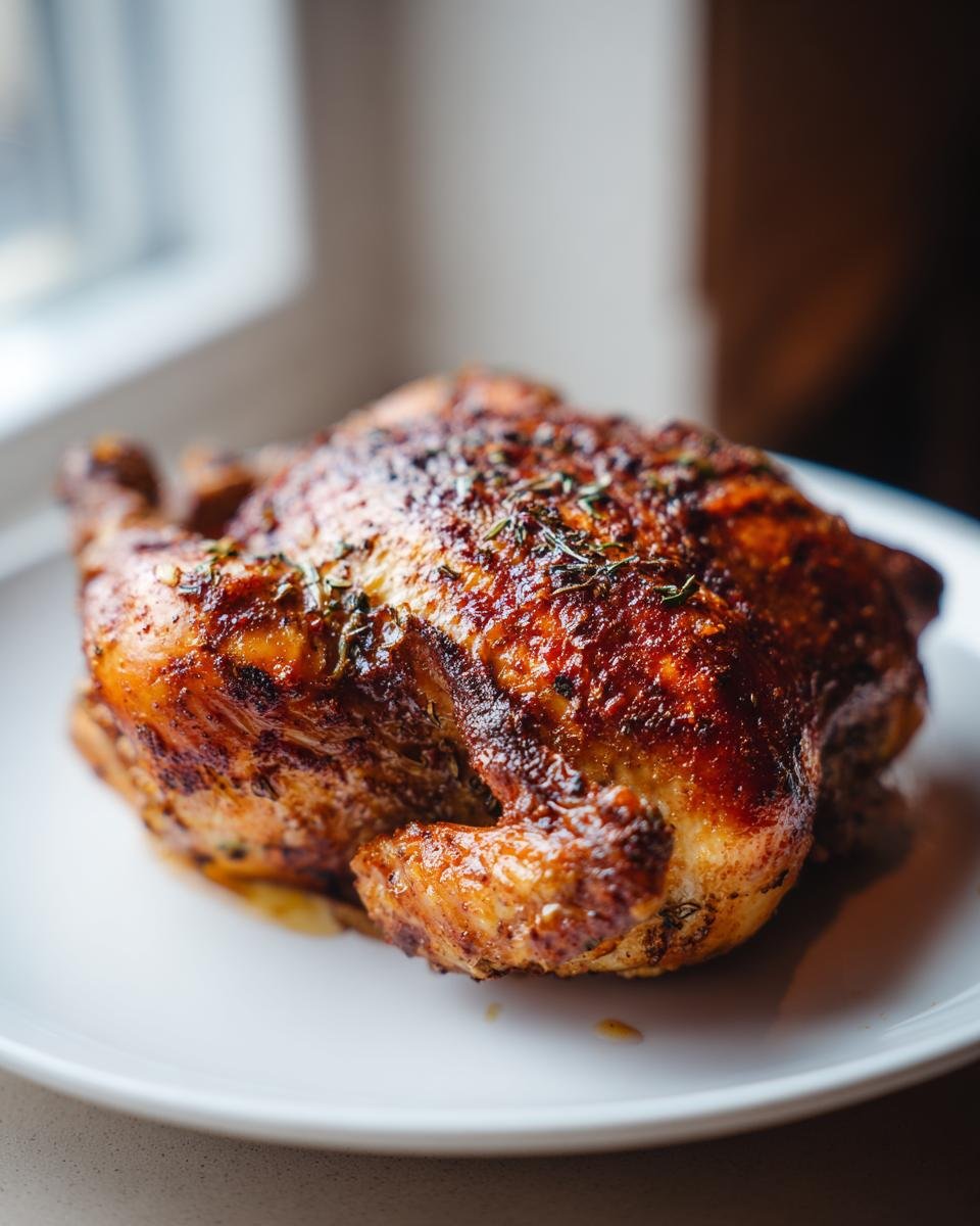 A beautifully browned and seasoned Whole Roasted Chicken resting on a white plate, garnished with herbs.