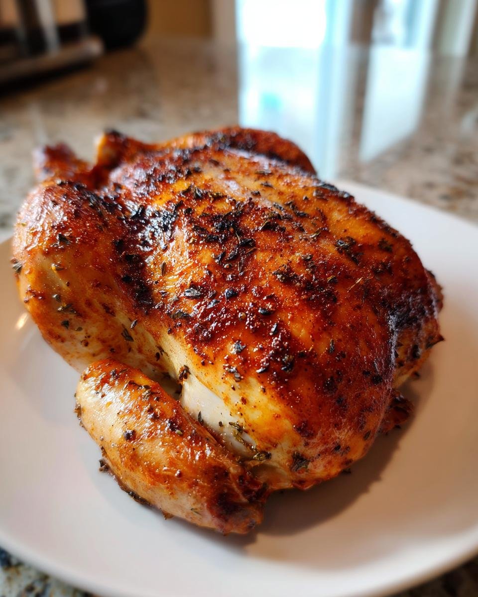 A beautifully browned and seasoned Whole Roasted Chicken resting on a white plate.