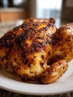 A beautifully browned Whole Roasted Chicken with crispy, seasoned skin resting on a white plate.