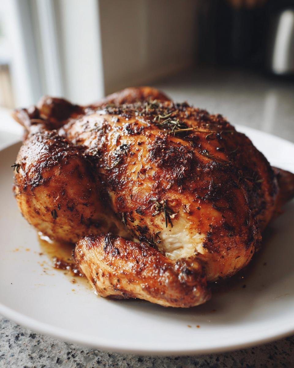 A beautifully browned Whole Roasted Chicken seasoned with herbs, resting on a white plate.