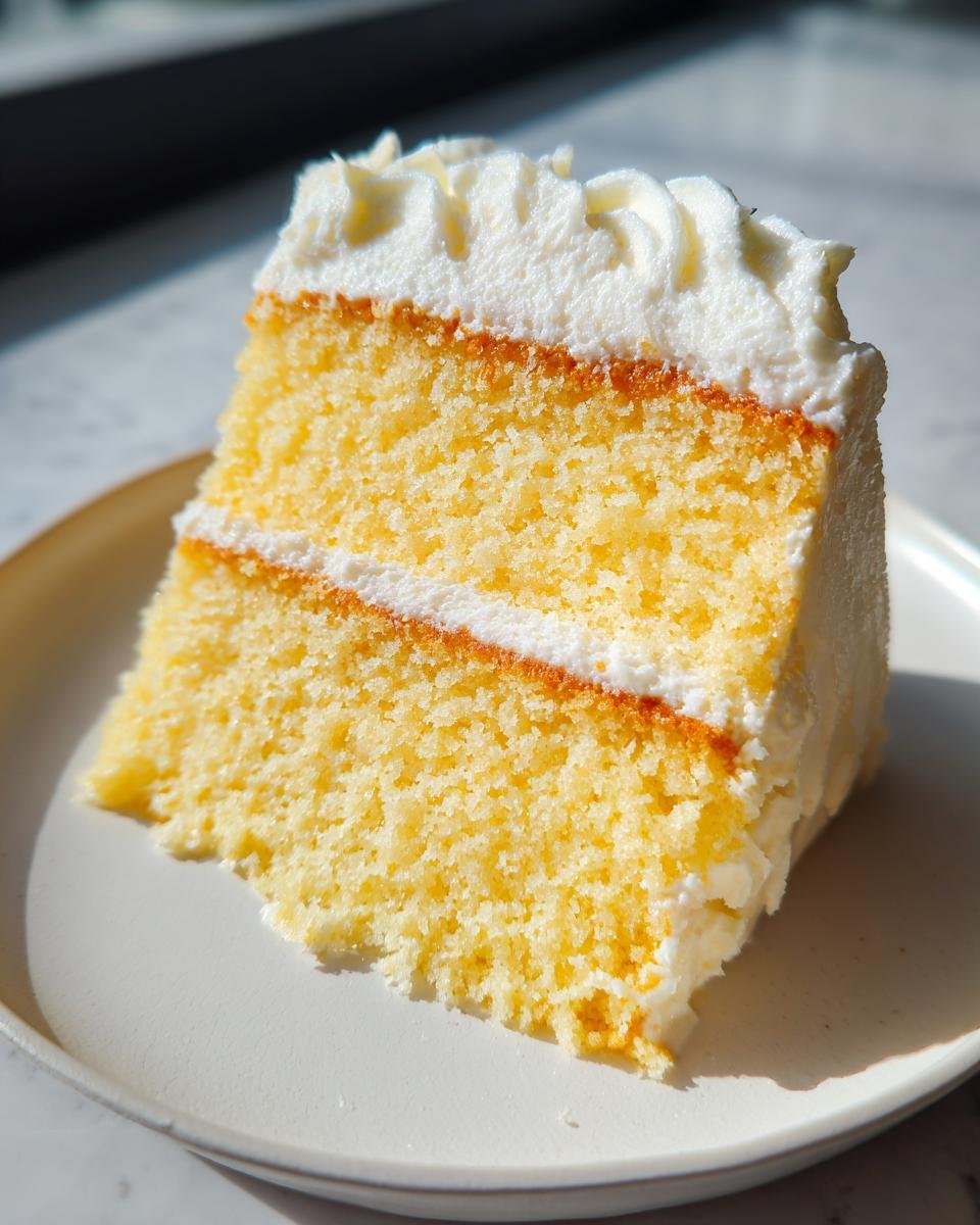 Close-up of a fluffy slice of yellow layer cake with white frosting, perfect for Mothers Day Cakes.