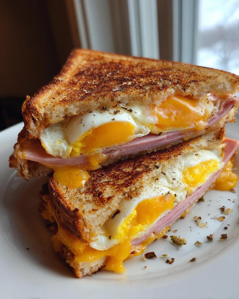 A halved Breakfast Grilled Cheese sandwich stacked, showing gooey melted cheese, ham, and runny egg yolks inside toasted bread.