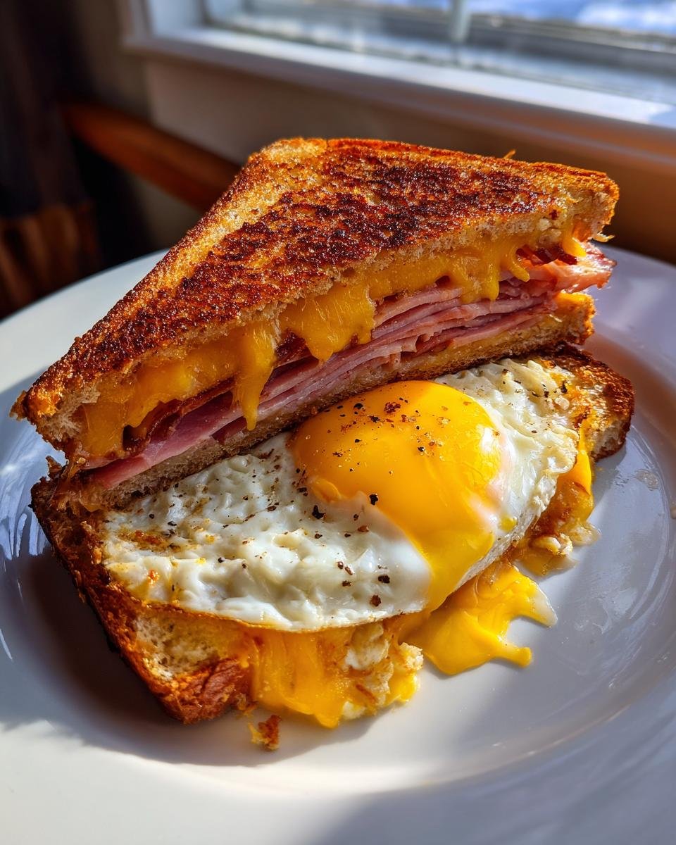 A halved Breakfast Grilled Cheese sandwich stacked with ham and melted cheese, served open-faced with a sunny-side-up egg on top.