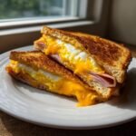 A halved Breakfast Grilled Cheese sandwich with melted cheddar, ham, and a fried egg, served on a white plate.