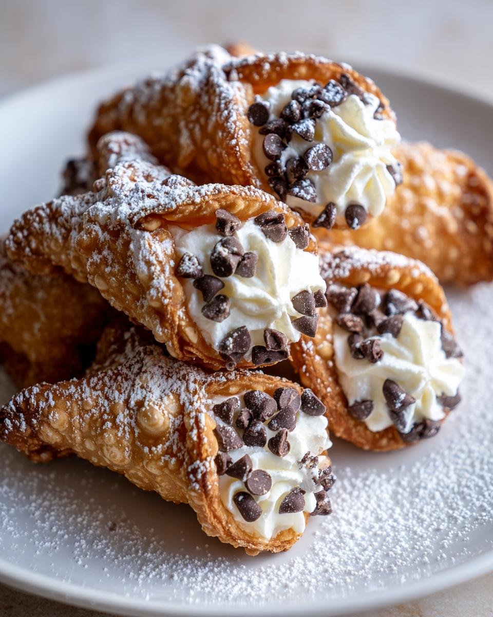 A pile of freshly made Cannoli Bites filled with cream and topped with mini chocolate chips and powdered sugar.