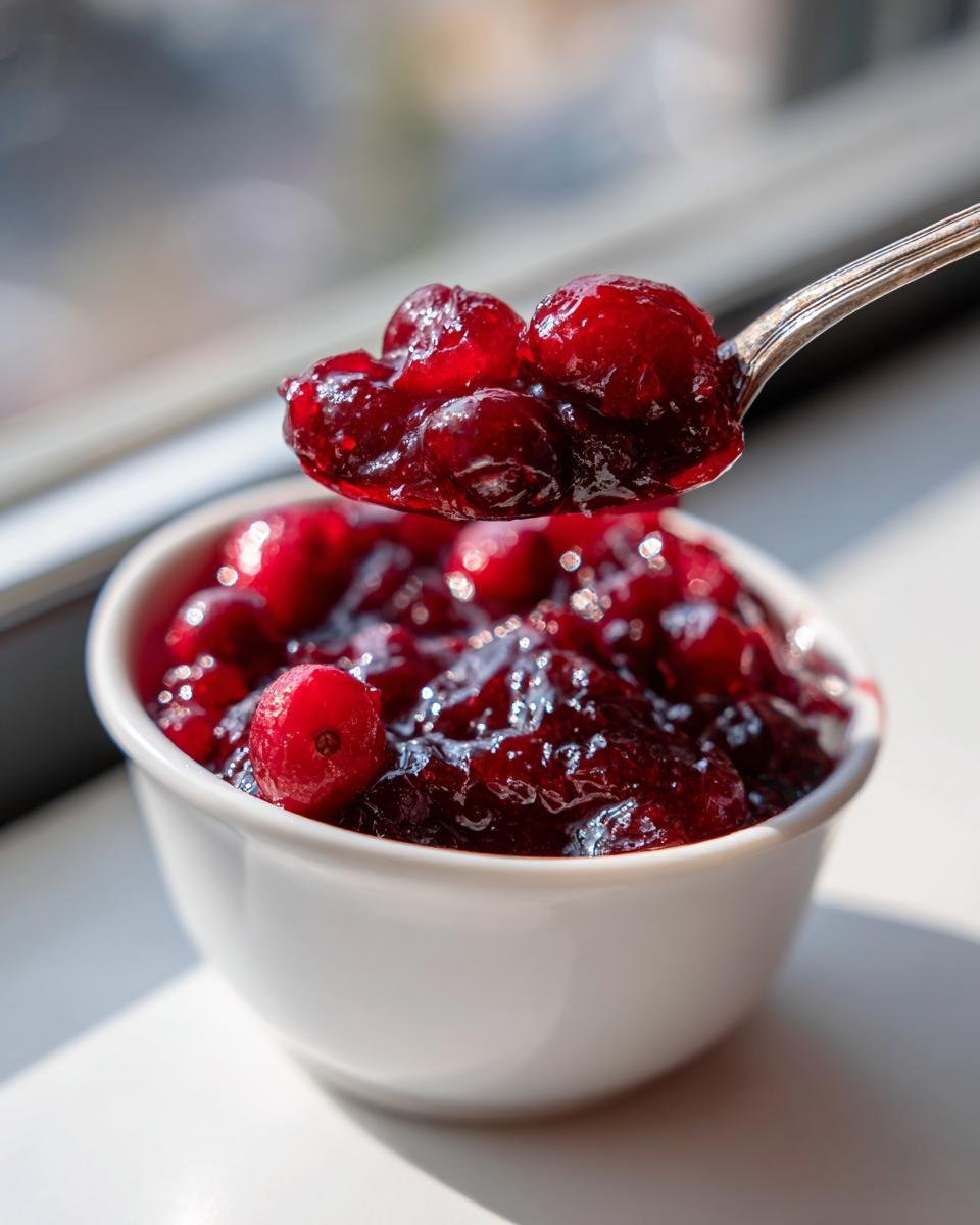 A spoonful of glistening homemade Cranberry Sauce being lifted from a white bowl, showing whole cooked berries.