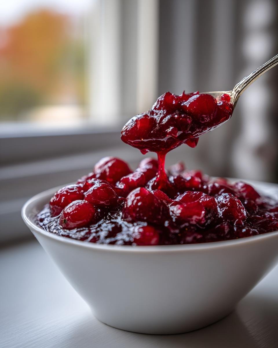 A spoonful of glistening, homemade Cranberry Sauce being lifted from a white bowl.