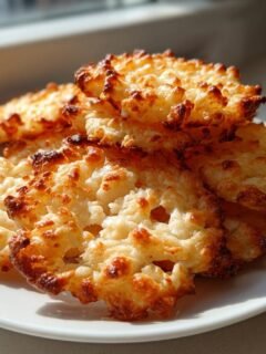 A stack of freshly baked, golden brown Parmesan Crisps with crispy, lacy edges on a white plate.