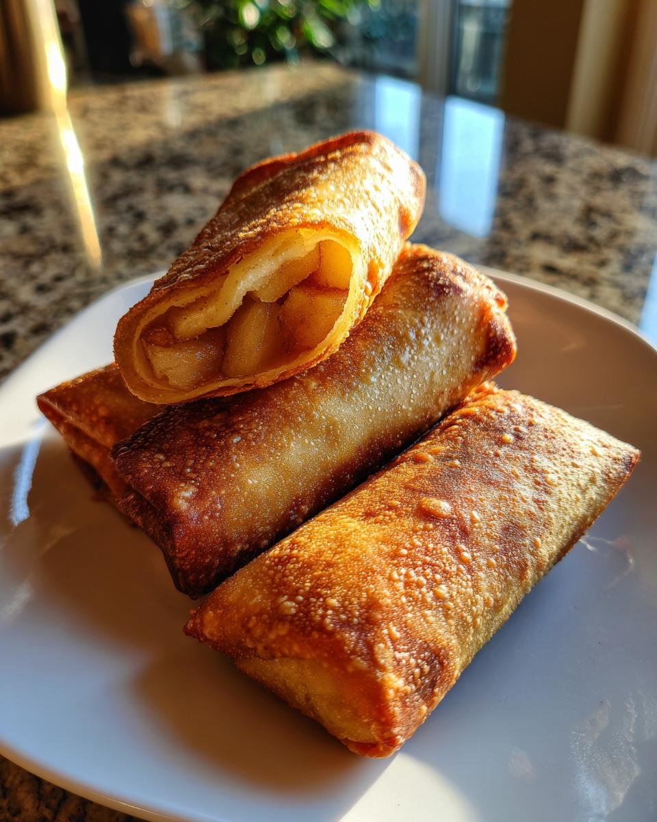 Close-up of crispy, golden brown Apple Pie Egg Rolls stacked on a white plate, one cut open showing apple filling.