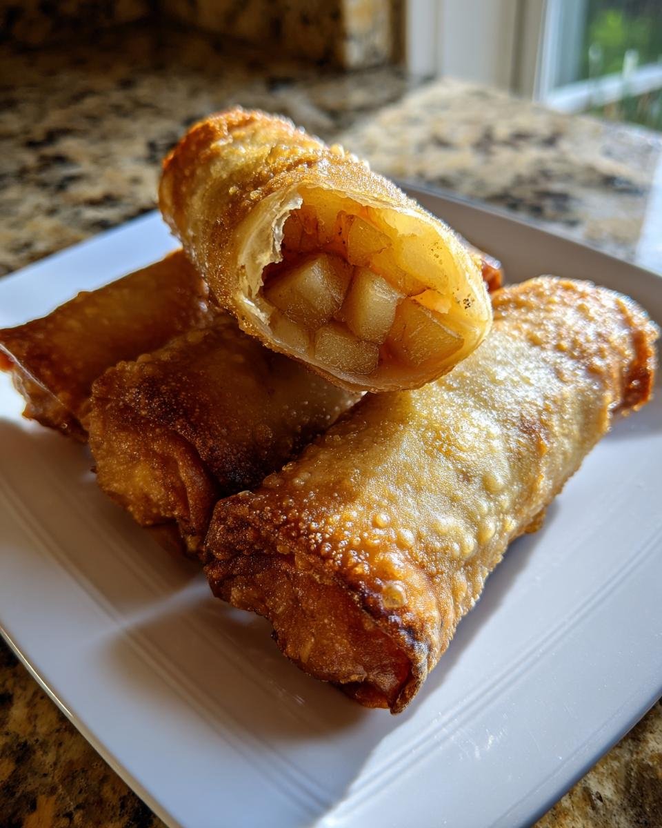 Close-up of golden brown Apple Pie Egg Rolls, one cut open showing diced apple filling.