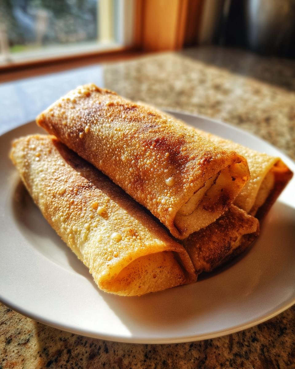 Close-up of three golden brown, crispy Apple Pie Egg Rolls stacked on a white plate.
