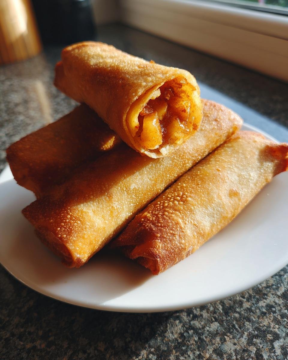Close-up of golden brown Apple Pie Egg Rolls stacked on a white plate, one cut open showing apple filling.