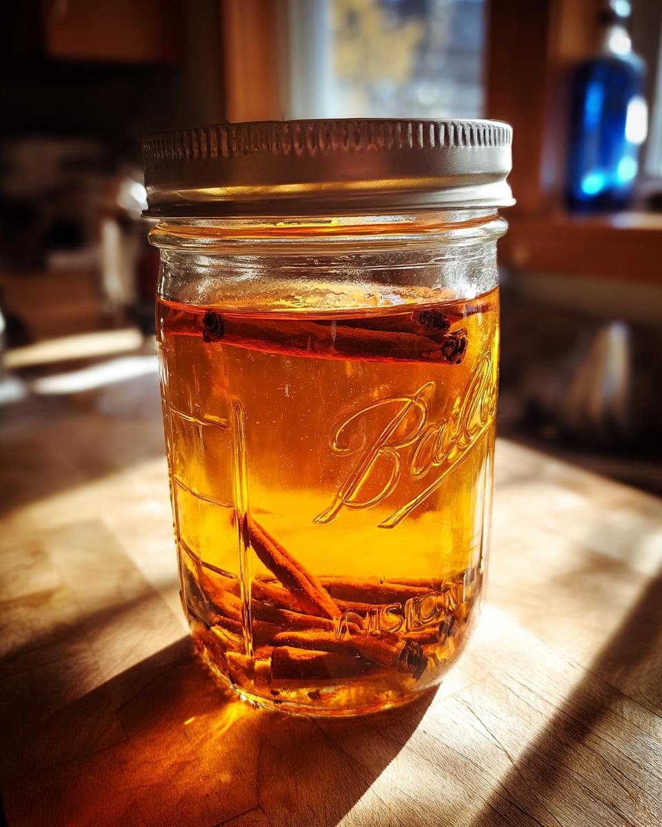A glass Ball mason jar filled with golden Apple Pie Moonshine infusing with whole cinnamon sticks.