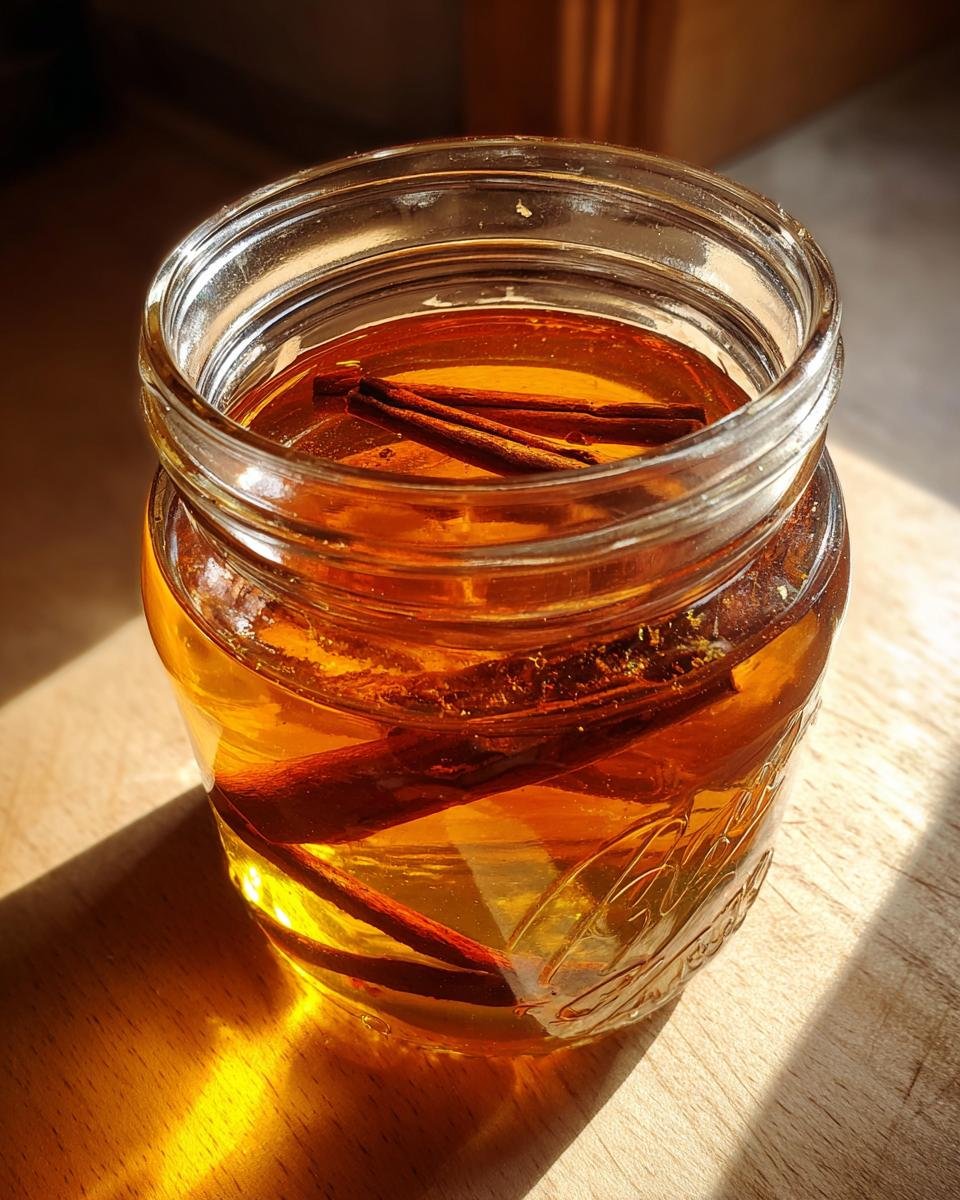 Close-up of Apple Pie Moonshine infusing in a glass jar with several cinnamon sticks inside.