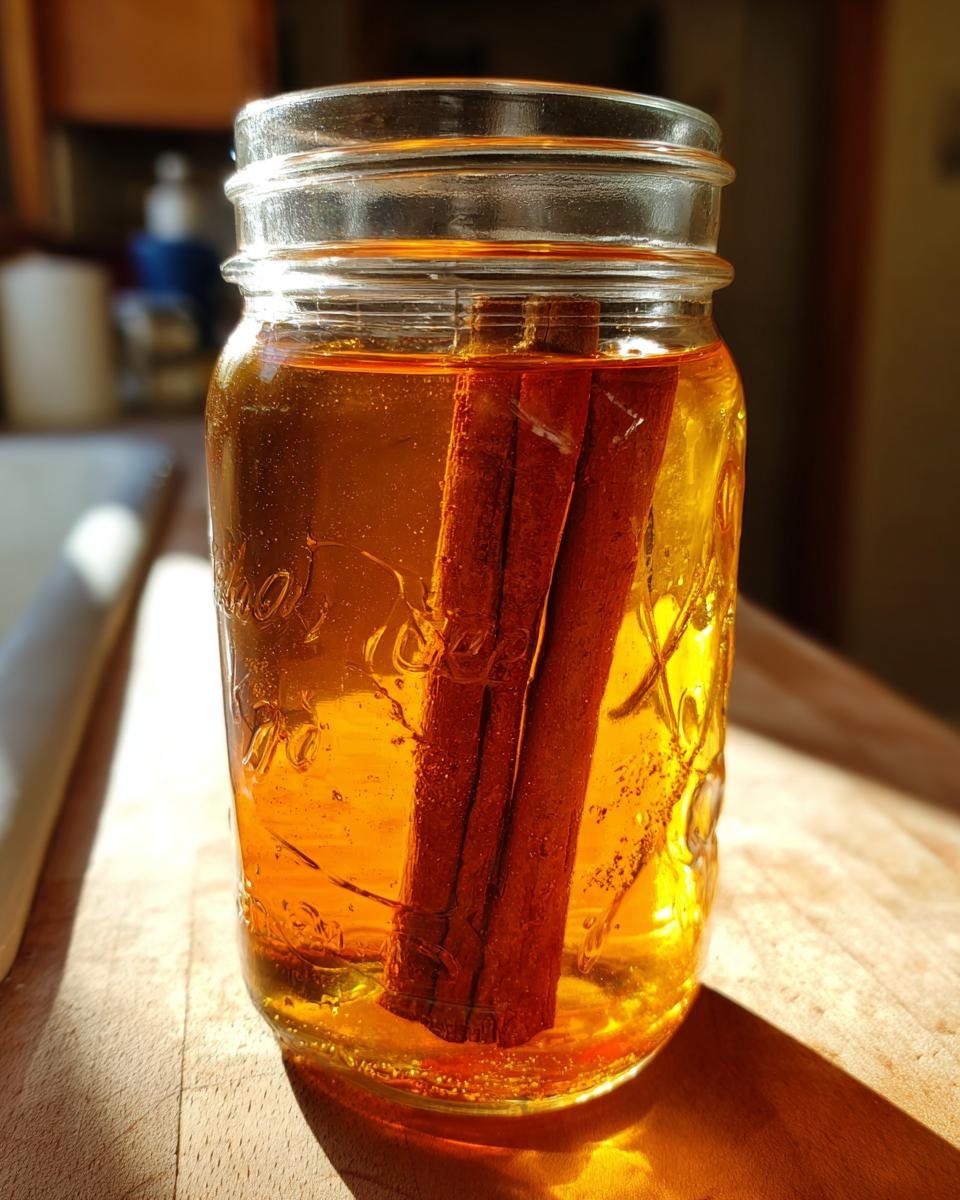 A glass mason jar filled with amber-colored Apple Pie Moonshine infusing with two large cinnamon sticks.