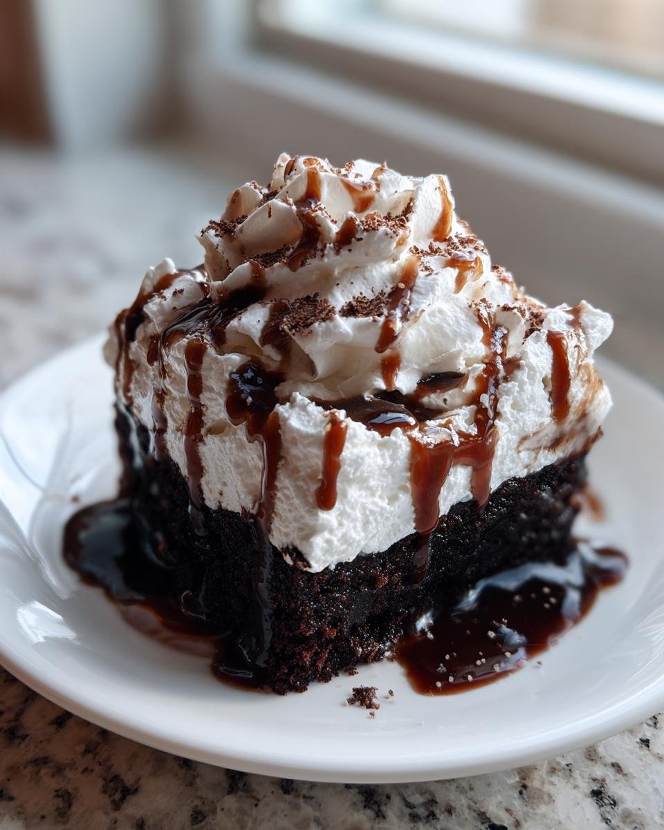 A decadent slice of Baileys Chocolate Poke Cake topped with whipped cream, chocolate drizzle, and shavings.