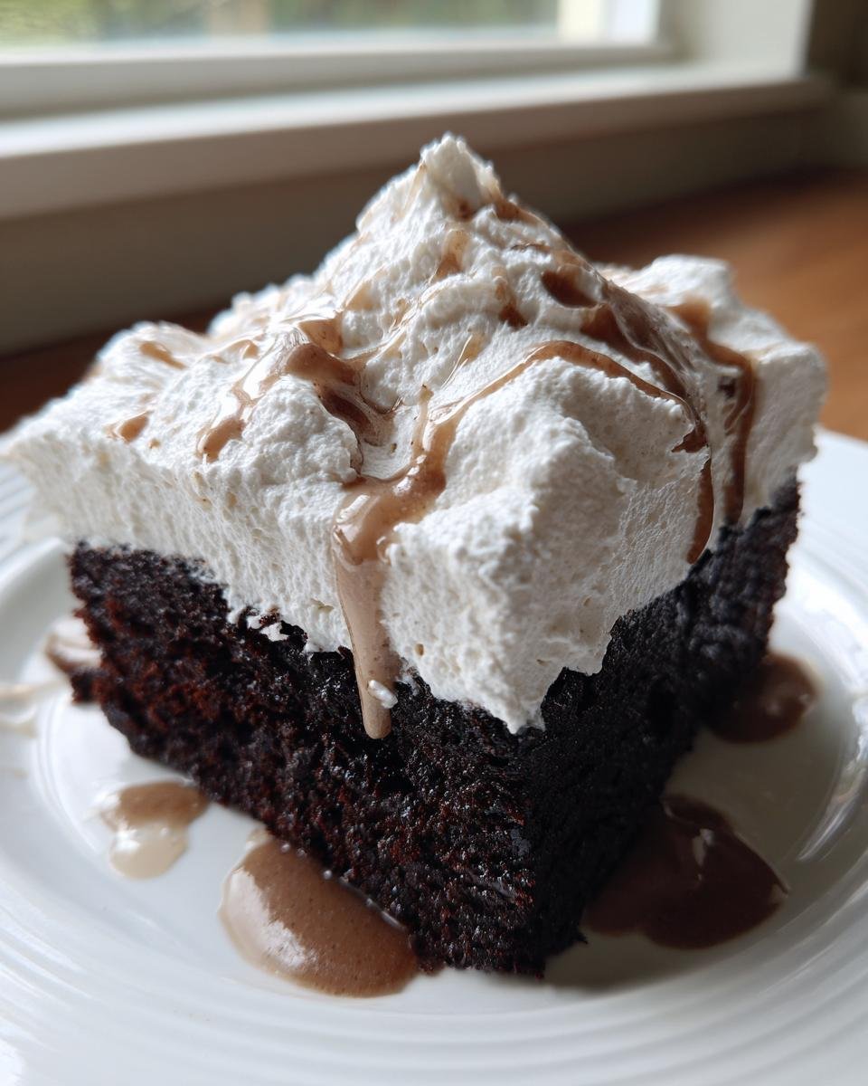 A rich slice of Baileys Chocolate Poke Cake topped with fluffy whipped cream and drizzled with caramel sauce.