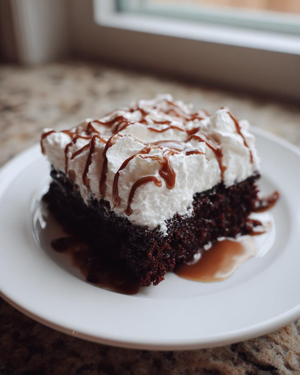A decadent slice of Baileys Chocolate Poke Cake topped with whipped cream and caramel drizzle on a white plate.