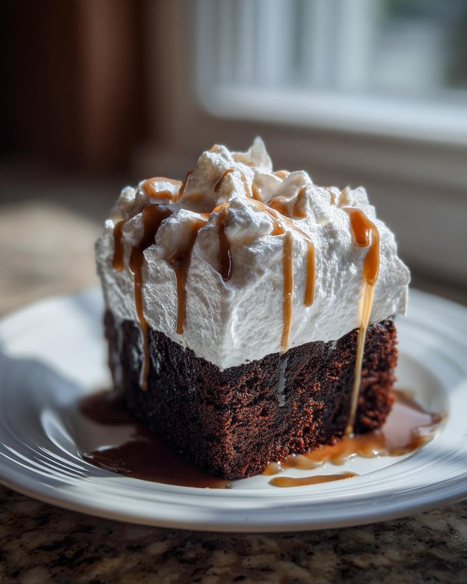 A decadent slice of Baileys Chocolate Poke Cake topped with whipped cream and dripping caramel sauce.