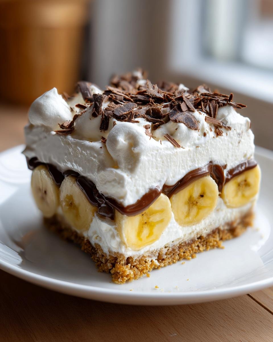 A decadent slice of Banoffee Pie featuring a graham cracker crust, bananas, cream, and chocolate shavings.