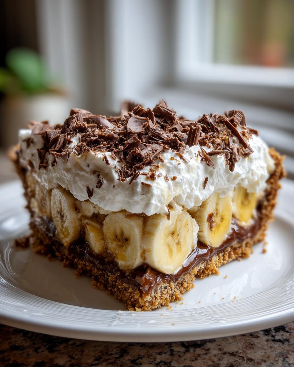 A close-up slice of Banoffee Pie showing a graham cracker crust, dulce de leche, banana slices, whipped cream, and chocolate shavings.